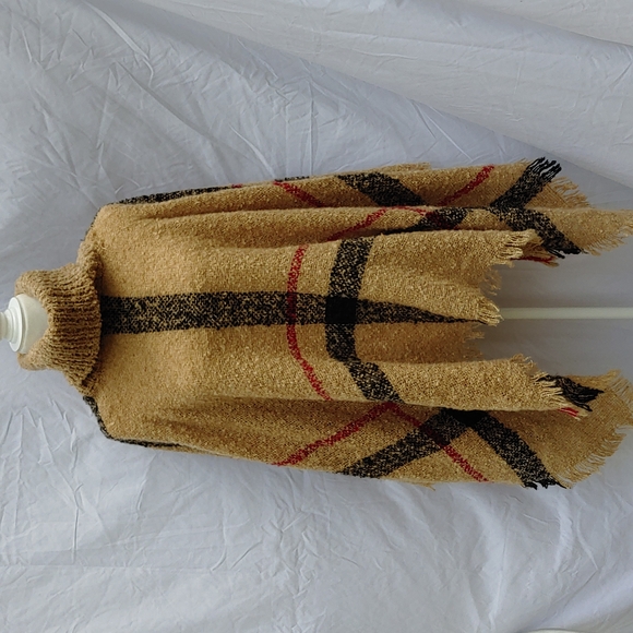 Ladies boutique poncho, CHICSOUL, beige, black/red stripes - Picture 1 of 5